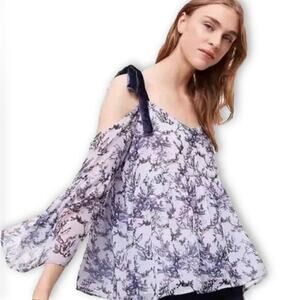 LOFT Floral Off Shoulder Blouse Chiffon Velvet Tie Long Sleeve Size L